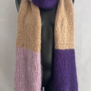 Color blocked mohair wool Cozy Knit Scarf in Purple and Tan